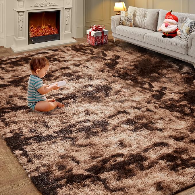 Large Shag Rugs 9X12, Plush Fuzzy Area Rugs for Living Room, Large Shag Fluffy Bedroom Carpet, Furry Rugs for Girls Boys Kids Room, Extra Large Fuzzy Rug, Shag Carpet, Tie-Dyed Brown