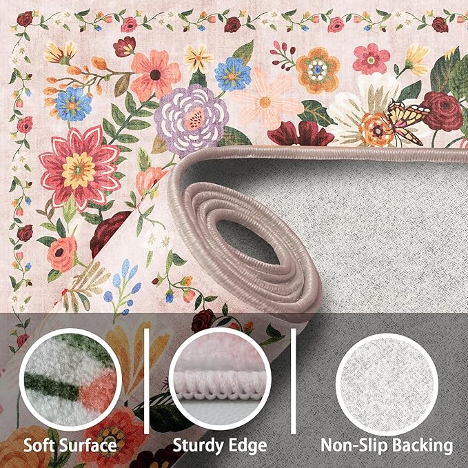 Light Pink Area Rugs 10x14 Living Room, Non Slip Machine Washable Floral Rugs, Low Pile Lightweight Large Rug for Bedroom, Dining Room, Home Office(Light Pink, 10 x 14)
