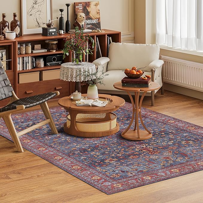 Washable Area Rug 3' x 5 ' Vintage Traditional Persian Mat - Foldable Distressed Non-Slip Machine Washable Carpet for Living Room Bedroom Kitchen Home Decor - Indigo and Crimson