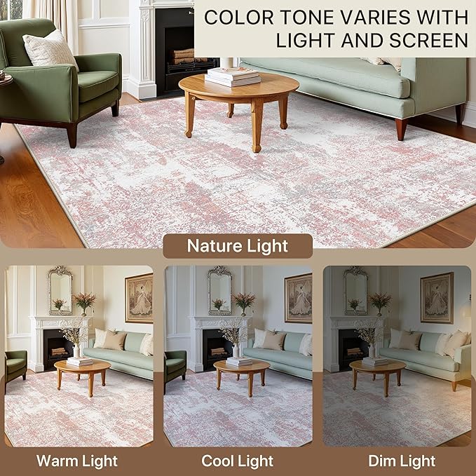 BEIMO Area Rugs 8x10 for Living Room Bedroom, Modern Abstract Machine Washable Rug, Large Soft Low Pile Floor Carpet with Non Slip Backing for Dining Room, Pink/Grey