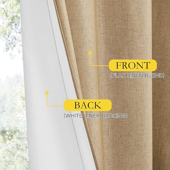 NICETOWN 100% Absolutely Blackout Linen Curtains with Thermal Insulated White Liner, Camel, 52" Wide by 63" Long, 2 Pieces, Linen Blend Window Drapes Privacy Window Treatments for Bedroom/Kids Room