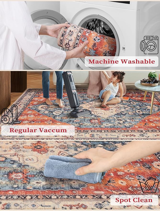 SERISSA Runner Rug for Hallways, 3x8 Washable Non Slip Kitchen Runner Rug, Long Boho Rug Vintage Tribal Hallway Stair Ultra Soft Print Floor Carpet for Bedroom Bathroom Laundry Room