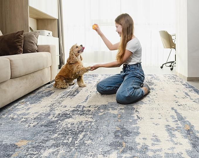 UERMEI 5x7 Area Rug Living Room Rugs - Washable Neutral Modern Abstract Soft Thin Rug Indoor Floor No Slip Rug Carpet for Bedroom Under Dining Table Home Office Decor - Blue/Light Brown
