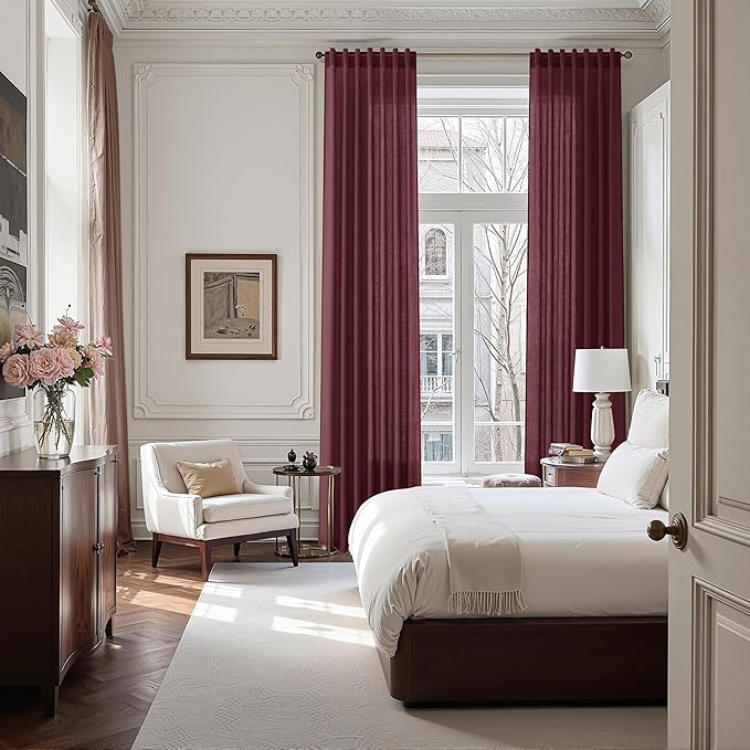 Nanspring Burgundy Linen Curtains 132 Inch Length for Living Room Light Filtering Semi Sheer Curtain Back Tab Vintage Boho Decor Drapes Floor to Ceiling High Window for Bedroom 52x132, 2 Panels