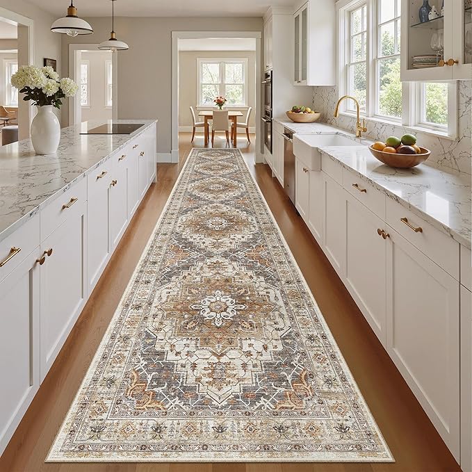 Madane Hallway Runner Rug 2'6''x16' Kitchen Runner - Non Slip Vintage Runners for Hallways Washable Soft Low Pile 2.5x16 ft Rug Runner for Laundry Room, Entryway and Bedroom, Turmeric/Grey
