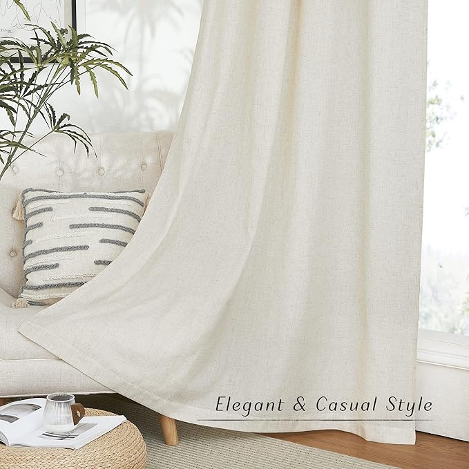 NICETOWN Natural Linen 102 inch Curtains for Bedroom, Grommet Privacy Added with Light Filtering Thick Flax Window Treatments Linen Blend for Living Room, W42 x L102, 2 Panels