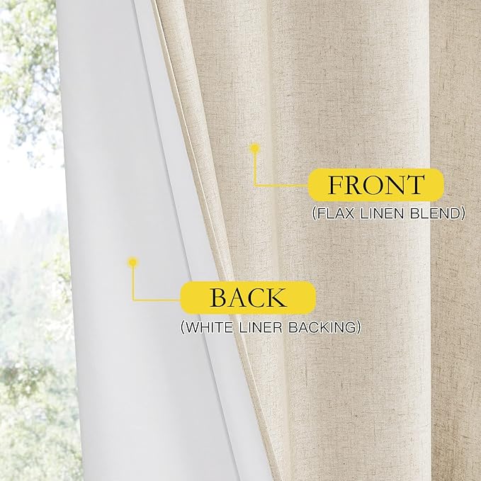 NICETOWN 100% Absolutely Blackout Linen Curtains with Thermal Insulated White Liner, Beige, W62, 2 Pieces, Noise Reducing Textured Linen Look Curtains for Windows 90 inch Length for Classroom