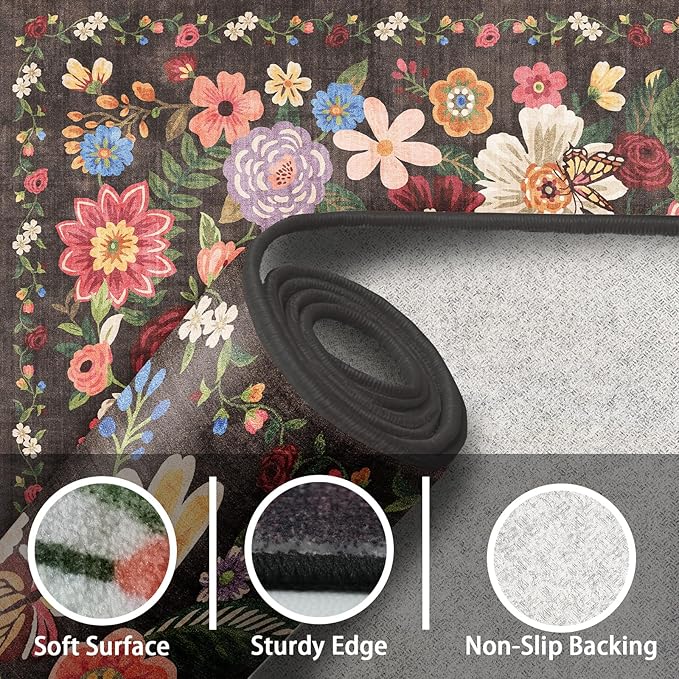 Black/Brown Living Room Rugs, Area Rugs 5x8 Rug for Bedroom Ultra-Thin Soft, Non-Slip Washable Rugs Stain Resistant Boho Rug Low-Pile Throw Rug for ‎Dining Room Office (5 x 8, Black/Brown)