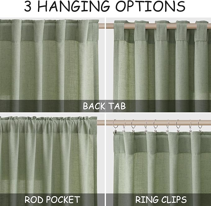 Nanspring Light Sage Linen Curtains 90 Inch Long 2 Panels Set for Bedroom Living Room Light Sage Linen Textured Window Drapes Semi Sheer Light Filtering Rod Pocket Back Tab Farmhouse Curtain 52x90