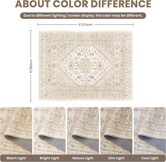 zesthome 6x9 Area Rug, Super Soft Washable Rugs for Living Room, Non-Slip Stain Resistant Vintage Rugs, Ultra-Thin Large Area Rugs