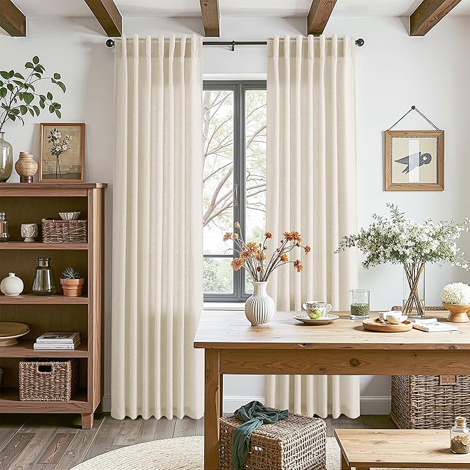 Birch Beige Linen Curtains for Living Room 100 Inches Long Light Filtering Semi Sheer Curtain Back Tab Modern Farmhouse Decor Elegant Luxury Coastal Drapes for Bedroom Dinner Room 52x100, 2 Panels