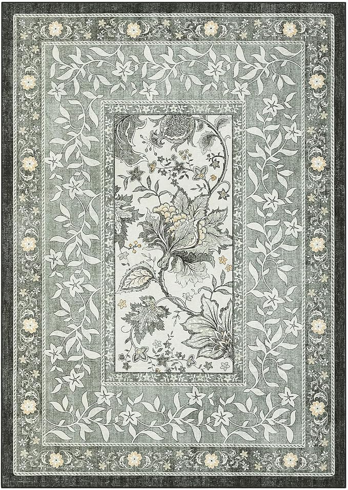 GarveeHome Provence 10x13 Area Rug for Living Room, Botanical Grove Soft Cottagecore Washable Rug for Bedroom Dining Nursery Low-Pile Vintage Large Carpet Gray Fog Green