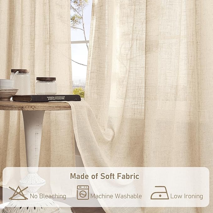 LAMIT Extra Wide Linen Curtains for Bedroom, Natural Light Filtering Faux Linen Textured Panels Semi Sheer Back Tab and Rod Pocket Boho Drapes for Living Room/Farmhouse, 2 Panels, Linen, 60 x 84 Inch