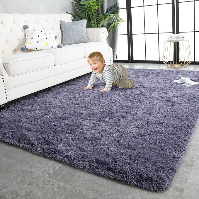 TWINNIS Super Soft Shaggy Rugs Fluffy Carpets 5x8 Feet, Indoor Modern Plush Area Rugs for Living Room Bedroom Kids Room Nursery Home Decor, Upgrade Anti-Skid Rectangular Fuzzy Rug, Grey Purple
