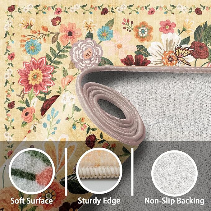 Floral Machine Washable Rug, 3x5 Rug Non Slip Soft Bedroom Rugs for Entryway Dorm, Ultra-Thin Rugs for Bedroom Stain Resistan(3 x 5, Yellow Garden)