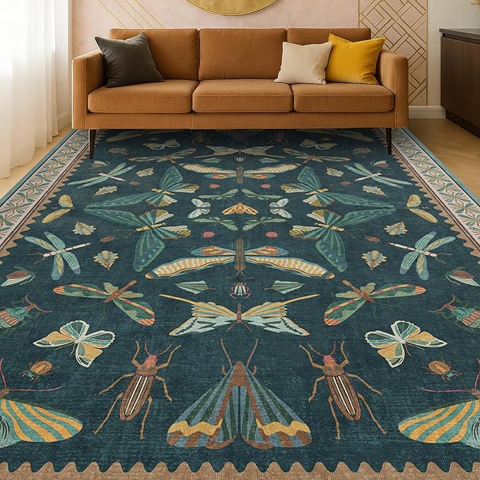 Hazo Haus Insect Teal Green 5x7 Area Rug for Living Room - Cottage Core Rug for Bedroom, Dining Room, Kids Playroom, Home Office, Floral Vintage Whimsical Butterfly Washable Non Slip Floor Décor