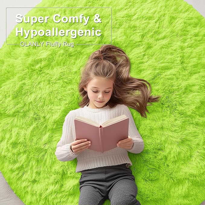 OLANLY Lime Green Round Rugs for Bedroom - Machine Washable, 3 ft Circle Area Rugs for Living Room, Soft and Fluffy Shaggy Carpet for Teen Girl and Boys, Nursery Rooms, Dorms, Home Decor Aesthetic