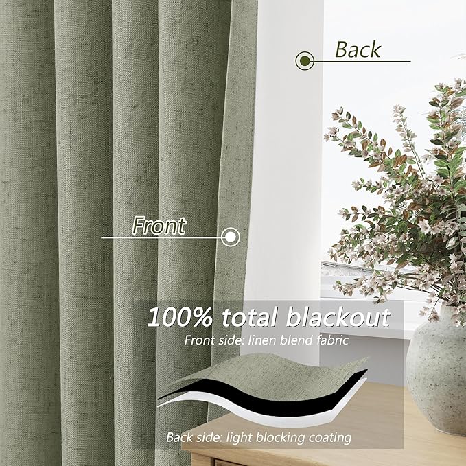Sage Green 100% Blackout Linen Curtains 108 Inch Length 2 Panels Set for Living Room Bedroom Back Tab Rod Pocket Thermal Insulated Black Out Drapes Room Darkening Window Curtains 52x108