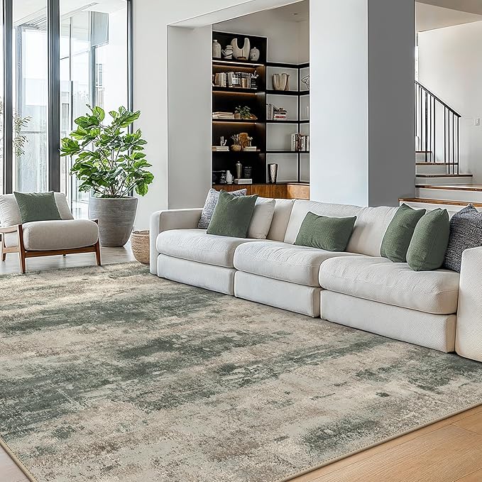 BEIMO Area Rugs 6x9 for Living Room Bedroom, Modern Abstract Machine Washable Rug, Large Soft Low Pile Floor Cover with Non Slip Backing for Dining Room, Grey/Dark Green