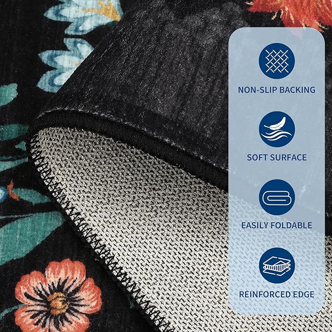 GarveeHome Floral Rug 2x6 Runners for Hallways, Boho Kitchen Runner Rugs Non Slip Bath Runners, Vintage Washable Runner Rug for Bedroom, Soft Long Rugs for Entryway Bathroom Laundry Dorm, Black