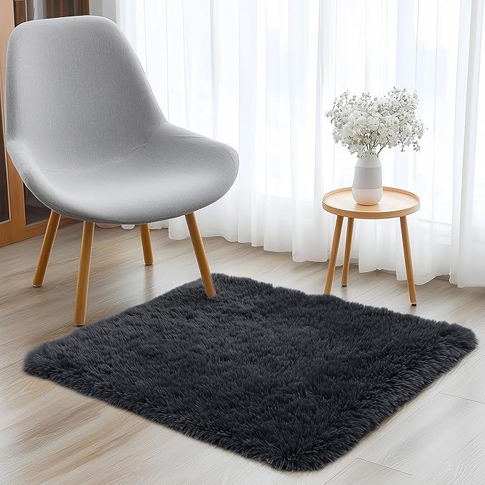 OLANLY 2x2 Machine Washable Small Rug, Soft Fluffy Shaggy Throw Rug for Bedroom, Entryway, Indoor Floor Carpet for Kids, Nursery, Home Decor, Black
