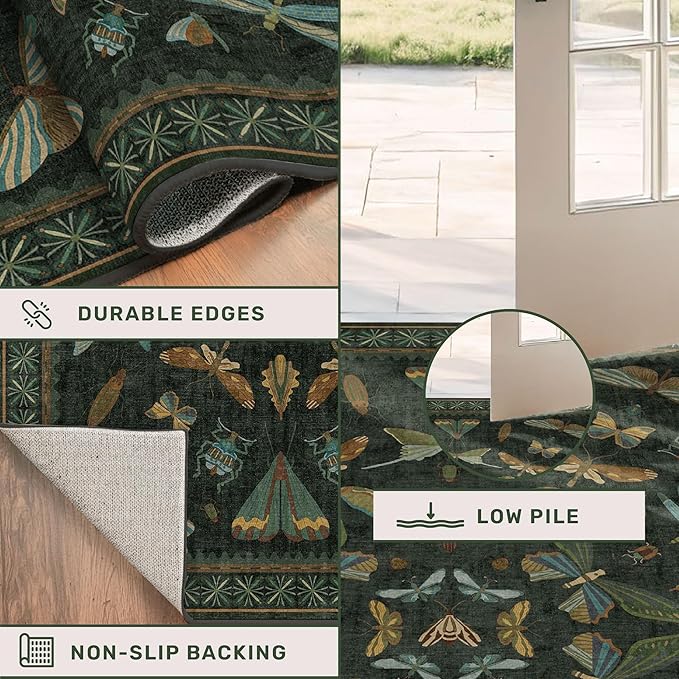 Dark Green 2'6"x12' Long Runner Rugs for Hallway - Boho Wide Washable Non Slip Rug for Indoor Entryway, Kitchen, Low Pile Vintage Whimsical Insect Moth Design, Stain Resistant Ultra Soft Carpet