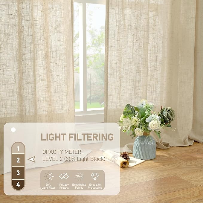 LAMIT 24 Inch Cafe Linen Curtains for Kitchen Window, Semi Sheer Light Filtering Short Curtains Back Tab and Rod Pocket Neutral Drapes for Bathroom/Basement, 2 Panels, Linen, 34 x 24 Inch