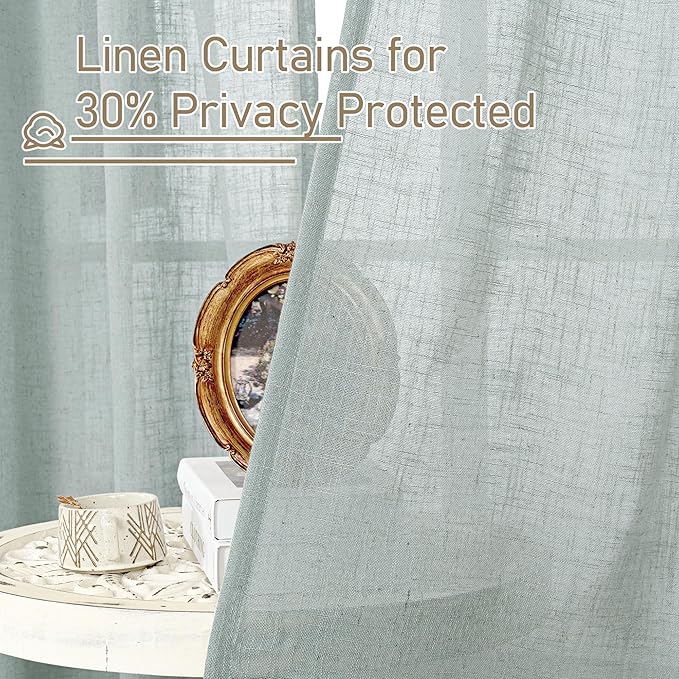 LAMIT Extra Wide Linen Curtains for Bedroom, Light Filtering Faux Linen Textured Panels Semi Sheer Back Tab and Rod Pocket Boho Drapes for Living Room/Farmhouse, 2 Panels, Greyish Blue, 60 x 84 Inch
