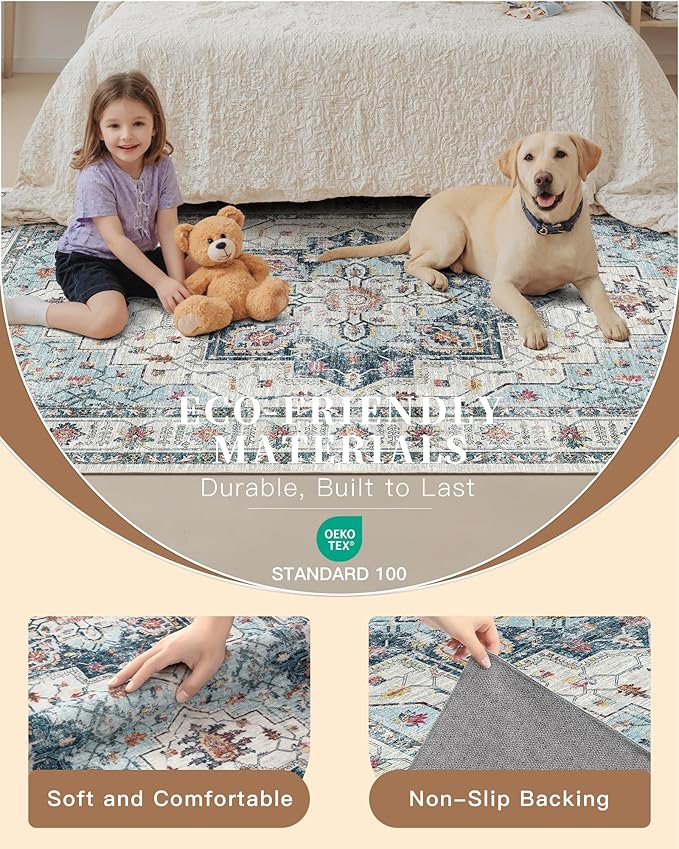 Madane 3x12 Hallway Runner Rug - Non Slip Washable 12ft Runner for Hallways Soft Vintage Kitchen Rugs Low-Pile Carpet Runner for Entryway Bathroom Thin Floor Mat for Bedroom Dining Room, Blue
