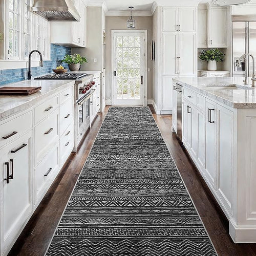 3x18 Washable Kitchen Runner Rug: Modern Moroccan Runners for Hallway Soft Non Slip Rugs with Rubber Backing Low Pile Thin Waterproof Floor Carpet for Entryway Bedroom Bathroom Indoor 3x18 Black
