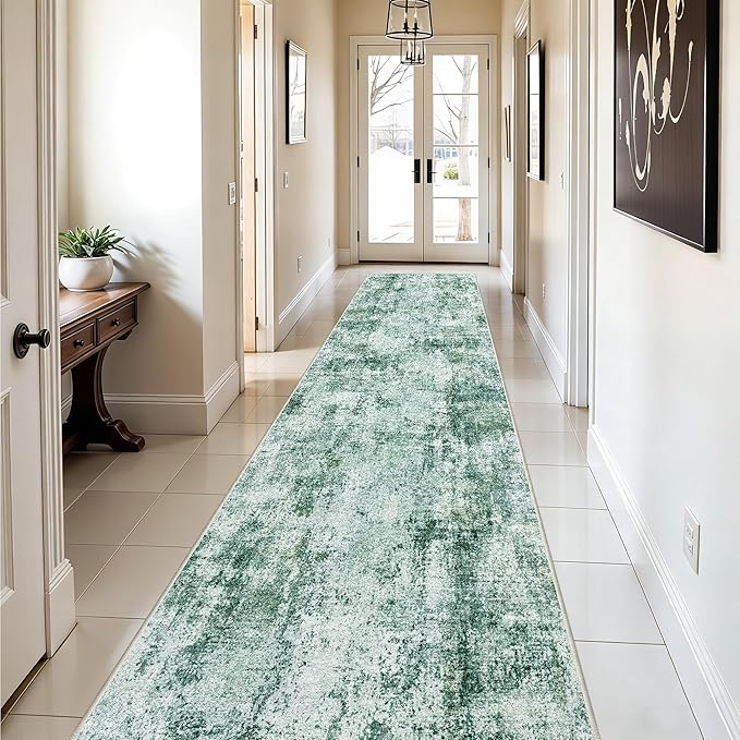 3x10 Washable Runner Rug for Hallway: Non Slip Runners Rugs Easy-to-Clean - Soft Living Room Bedroom Kitchen Carpet - Thin Low Pile Printed Floor Mat for Dining Room Green