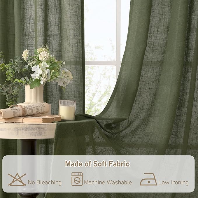 LAMIT Sheer Linen Curtains for Living Room, Back Tab and Rod Pocket Olive Green Curtains Light Filtering Country Rustic Christmas Drapes for Bedroom/Farmhouse, 2 Panels, 52 x 102 Inch
