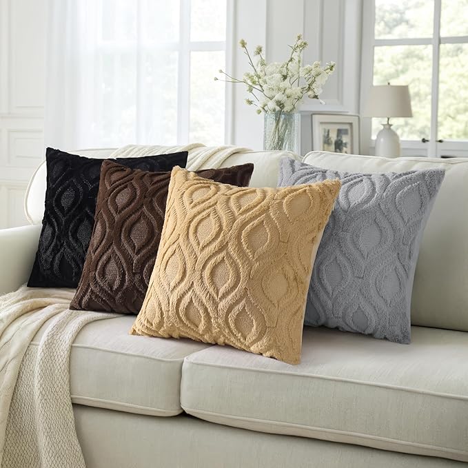 decorUhome Throw Pillow Covers 16x16 Inch Set of 2, Soft Plush Faux Wool Black Solid Couch Pillow Covers, Accent Farmhouse Neutral Square Pillow Cases for Sofa Bed Living Room
