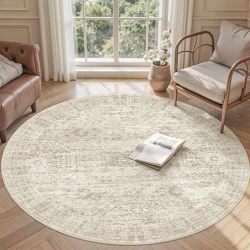 6x6 Beige Round Rug 6ft Living Room Circle Rug Vintage Round Area Rug Non Slip Indoor Carpet for Dining Room Bedroom