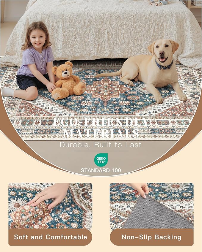 Madane 5x7 Area Rugs for Living Room, Stain Resistant Washable Rugs, Non-Slip Backing Area Rug, Vintage Home Decor Rug for Bedroom (Navy Blue, 5'x7')
