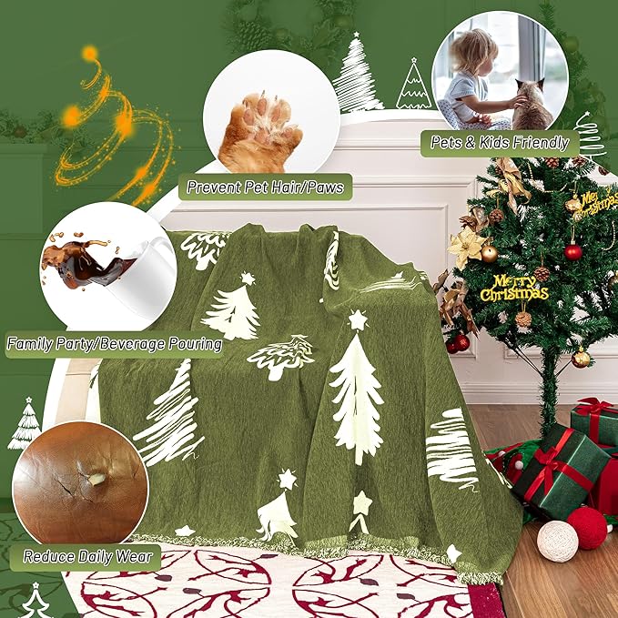 MYSKY HOME 71X134 inches Sofa Christmas Couch Cover, Sectional Sofa Covers Sofa Slipcover for 3 Cushion Couch, L Shape Couch Covers for Dogs, Washable Sofa Blanket, Furniture Protector, Green