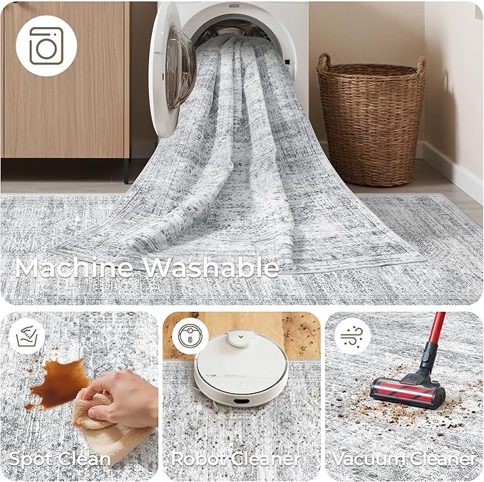 2x3 Washable Rug Runner for Bathroom, Soft Entryway Rug for Laundry Room, Kitchen, Vintage Abstract Hallway Runner for Bedroom, Anti-Slip Door Mat Indoor Entrance(2'x3', Grey/Ivory)