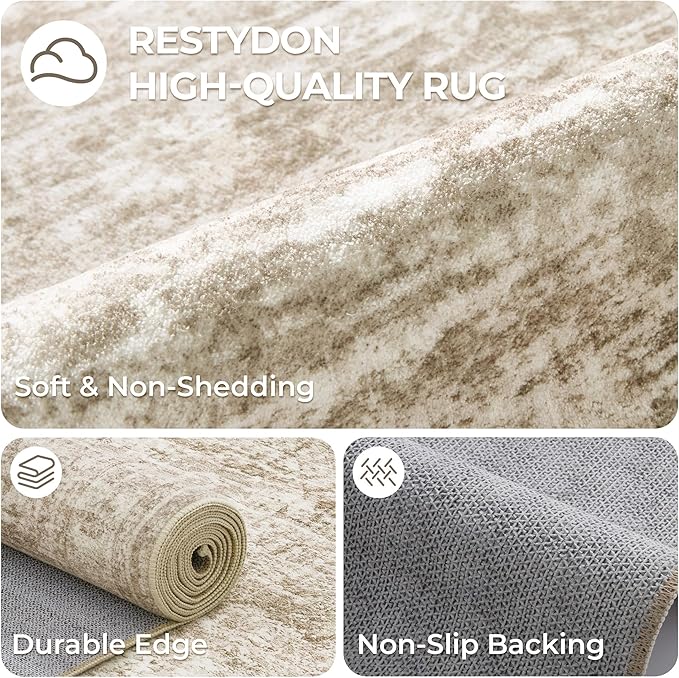 3x4 Washable Area Rug for Entryway, Soft Kitchen Rugs Non Slip for Dining Room, Vintage Abstract Living Room Rug, Thin Area Rugs Indoor for Bedroom, Kids Room Decor(3'x4', Brown/Ivory)