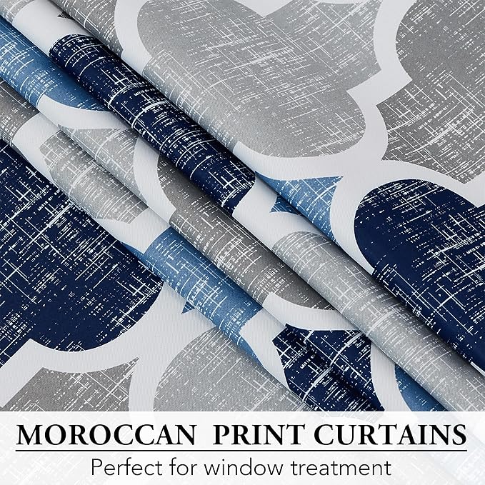 Beauoop 100% Blackout Curtains 96 Inches Long 2 Panels for Bedroom Living Room Blue Grey Moroccan Geo Room Darkening Thermal Insulated Soundproof Rod Pocket Back Tab Window Treatments Drapes, 50x96