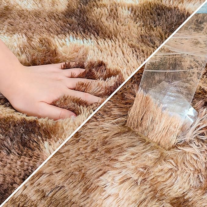 Super Soft Fluffy Living Room Area Rug 2x5 ft Tie-Dyed Brown Shaggy Furry Carpet Washable Non-Slip Floor Rugs Bedroom Bedside Nursery Rug Fuzzy Girls Boy Dorm Home Decor Aesthetic