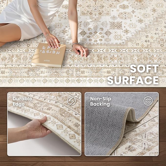 zesthome 9x12 Area Rugs,Stain Resistant Washable Rug,Ultra-Thin Rugs for Living Room,Bedroom,Non-Slip Backing Home Decor Large Area Rug (Cream/Beige,9'x12')