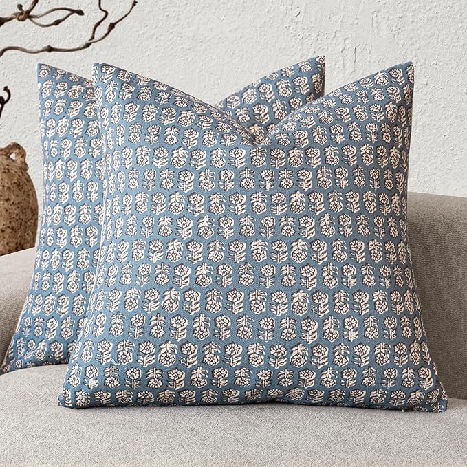 Foindtower Set of 2 Decorative Neutral Floral Print Throw Pillow Covers Vintage Accent Farmhouse Cushion Covers Boho Home Decor for Sofa Couch Chair Bedroom Living Room,24×24 Inch,Dusty Blue