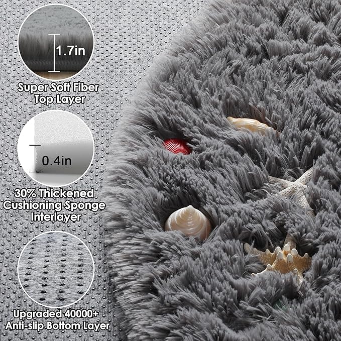ONASAR Grey Round Area Rug 4ft, Gray Soft Bedroom Circle Throw Rugs for Kids Girls Boys Teen Dorm Room, Fluffy Plush Shaggy Carpet Mats for Nursery Living Room Playroom Home Office Decor Aesthetic