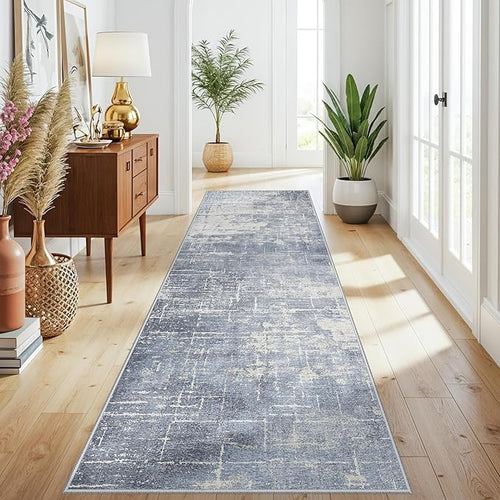 Abstract 3x10 Kitchen Rug Runners: Washable 10ft Hardwood Floor Mat Bathroom Living Room Bedroom Beside Mat Non-Slip Hallway Entry Area Rug Soft Indoor Farmhouse Carpet for Families(3x10,Blue/Ivory)