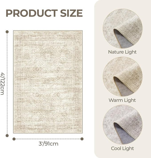 3x4 Washable Area Rug for Entryway, Soft Kitchen Rugs Non Slip for Dining Room, Vintage Abstract Living Room Rug, Thin Area Rugs Indoor for Bedroom, Kids Room Decor(3'x4', Beige/Ivory)