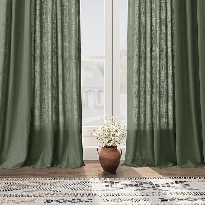 Nanspring 70 Inches Wide Olive Green Linen Curtains for Living Room 2 Panels Set 84 Inch Length Back Tab Light Filtering and Breathability Semi Sheer Curtain for Bedroom 70x84