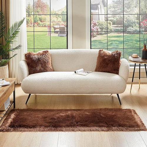 AMTOVO Faux Fur Rug, Coffee Ultra Soft Fluffy Shag Sheepskin Rug, 2 x 6 ft Runner Area Rugs for Bedroom Sofa Throw Cushion Room Decor, Rectangle