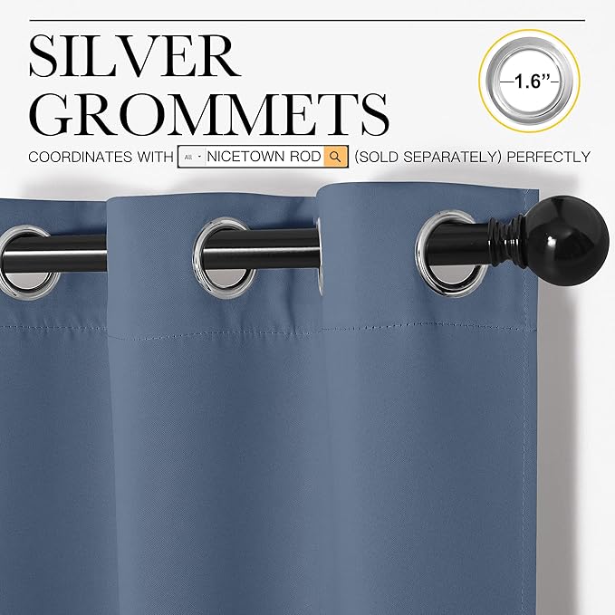 NICETOWN Kitchen Curtains with Grommet Top, Privacy & Room Darkening Thermal Insulated Draperies for Boys Bedroom, Nursery (Stone Blue, 34" Wide by 54" Long, Set of 2)