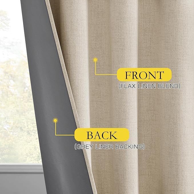 NICETOWN Cream Linen 100% Blackout Curtains 120 inches Length 2 Panels Set with Thermal Insulated Liners, 52" Width, Farmhouse Style Extra Long Window Draperies for Patio Sliding Glass Door