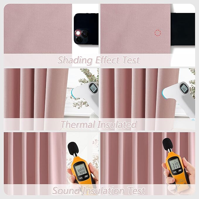 Guken 100% Blackout Linen Curtains 63 Inch 2 Panels Set for Girl's Bedroom, Living Room, Nursery, Back Tab Thermal Insulated Black Out Drapes Room Darkening, Pink